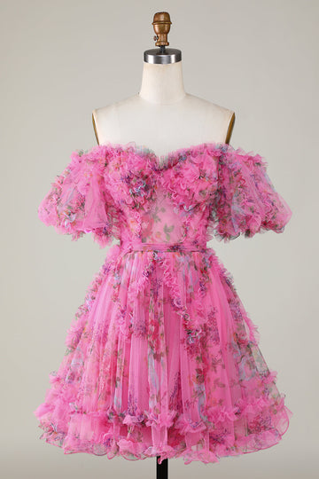 Gorgeous A Line Off the Shoulder Fuchsia Tinle Krótka sukienka Homecoming z krótkimi rękawami